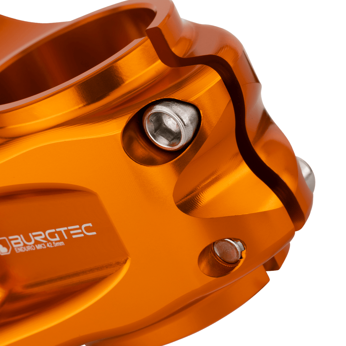 Avanço BURGTEC ENDURO MK3 laranja — detalhe do aperto do tubo de direção