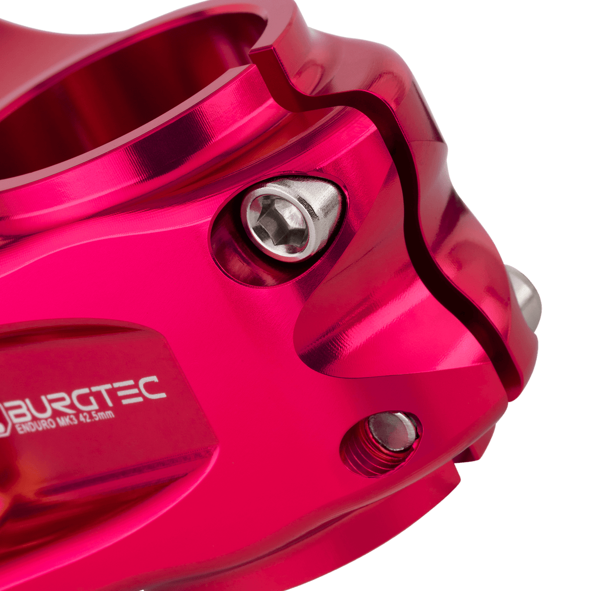 Avanço BURGTEC ENDURO MK3 rosa — detalhe do aperto do tubo de direção