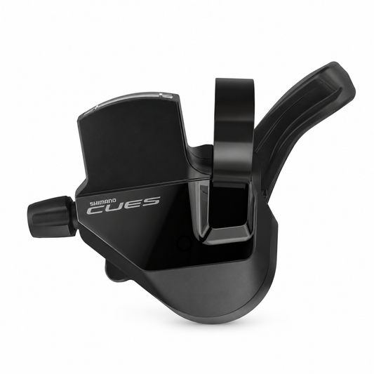 Manípulo de mudanças esquerdo SHIMANO CUES SL-U6000-L 2V com indicador de mudanças — vista do produto sobre fundo branco