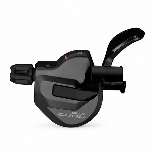 Manípulo de mudanças esquerdo SHIMANO CUES SL-U8000-IL 2V com indicador de mudanças — vista do produto sobre fundo branco