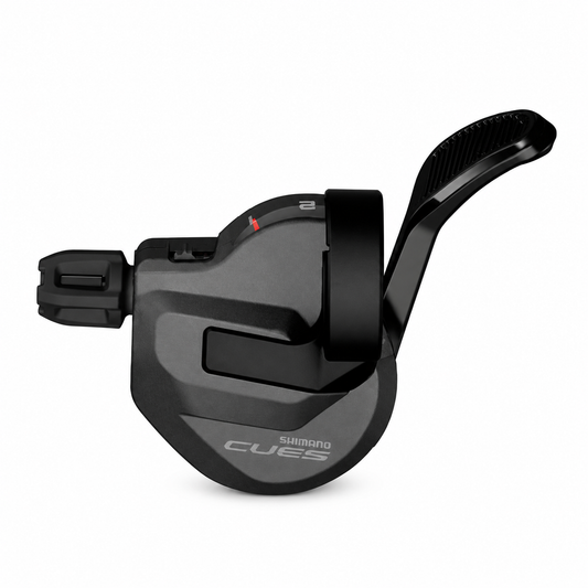 Manípulo de mudanças esquerdo SHIMANO CUES SL-U8000-L 2V com indicador de mudança — vista do produto sobre fundo branco