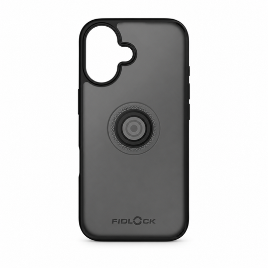 Capa FIDLOCK VACUUM para iPhone 16 preta — produto sobre fundo branco