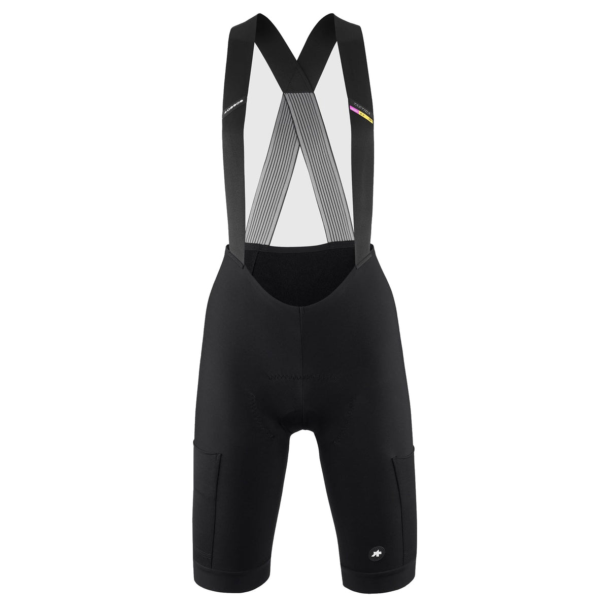 Calções de ciclismo curtos com alças ASSOS TACTICA SPRING FALL T5 para mulher, pretos — fundo branco, 2000 x 2000