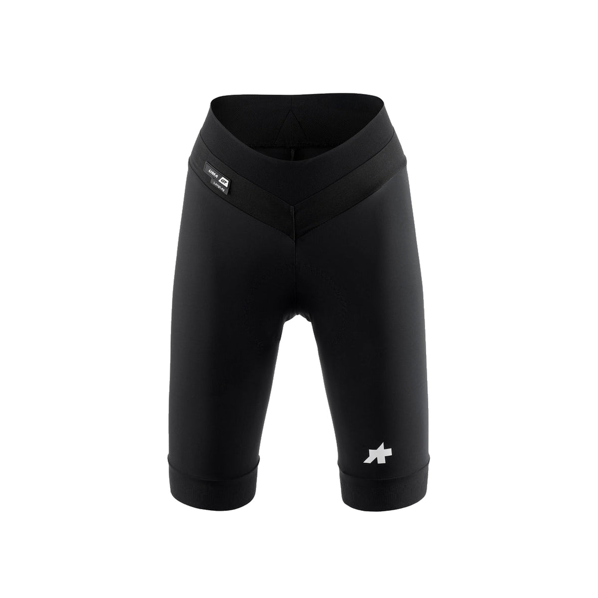 Calções de ciclismo curtos ASSOS UMA GT HALF S11 LONG para mulher, pretos — fundo branco, 2000 x 2000