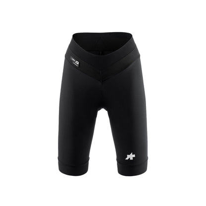 Calções de ciclismo curtos ASSOS UMA GT HALF S11 LONG para mulher, pretos — fundo branco, 2000 x 2000