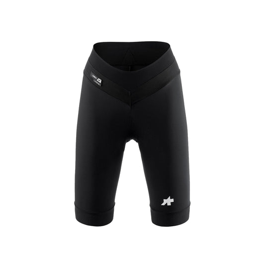 Calções de ciclismo curtos ASSOS UMA GT HALF S11 LONG para mulher, pretos — fundo branco, 2000 x 2000