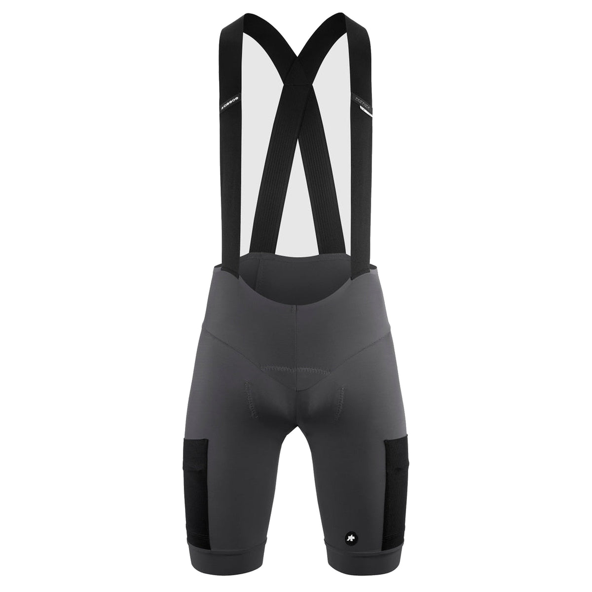 Calções curtos de ciclismo com alças ASSOS TACTICA KIESKAFER GRAVEL T5, cinzentos — fundo branco, 2000 x 2000