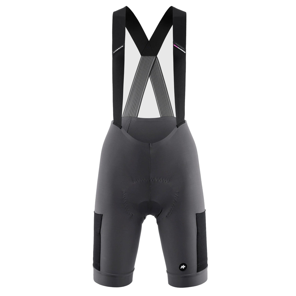 Calções curtos de ciclismo com alças para mulher ASSOS TACTICA KIESKAFER T5 GRAVEL, cinzentos — fundo branco, 2000 x 2000