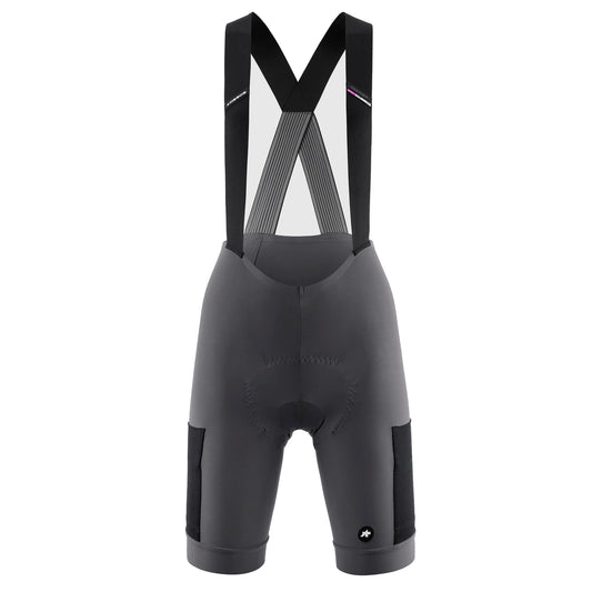 Calções curtos de ciclismo com alças para mulher ASSOS TACTICA KIESKAFER T5 GRAVEL, cinzentos — fundo branco, 2000 x 2000