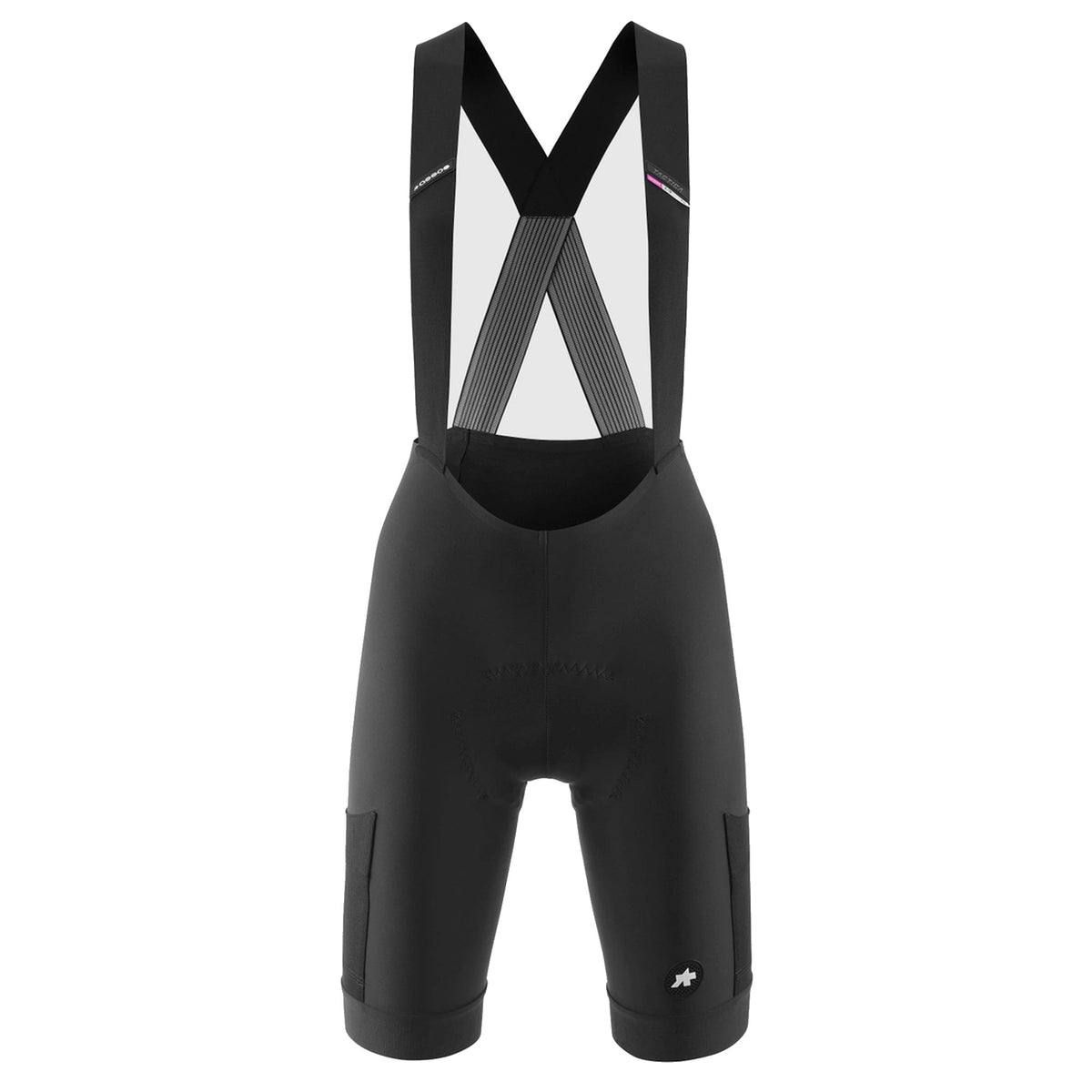 Calções curtos de ciclismo com alças para mulher ASSOS TACTICA KIESKAFER T5 GRAVEL, pretos — fundo branco, 2000 x 2000
