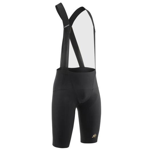 Calções curtos de ciclismo com alças ASSOS MILLE GTO S11, versão comprida, pretos — fundo branco, 2000 x 2000
