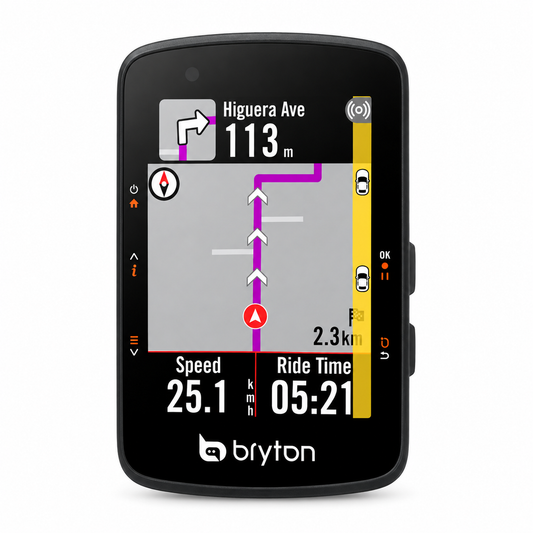 Ciclocomputador GPS BRYTON RIDER 550 E — vista frontal sobre fundo branco