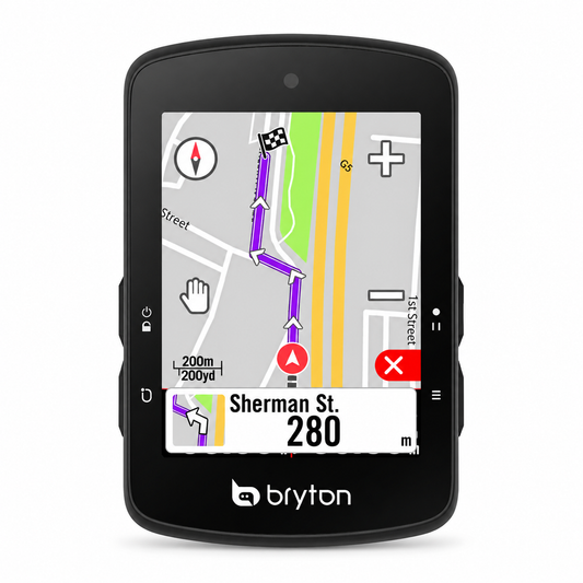 Ciclocomputador GPS BRYTON RIDER S510E — vista frontal sobre fundo branco