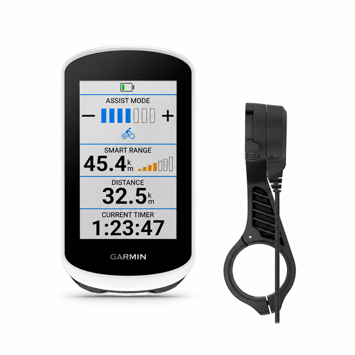 CONJUNTO GPS GARMIN EDGE EXPLORE 2 POWER com suporte com alimentação — apresentação do conjunto e dos respetivos acessórios sobre fundo branco