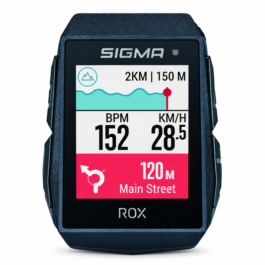 Ciclocomputador GPS SIGMA ROX 11.1 EVO preto — vista frontal sobre fundo branco