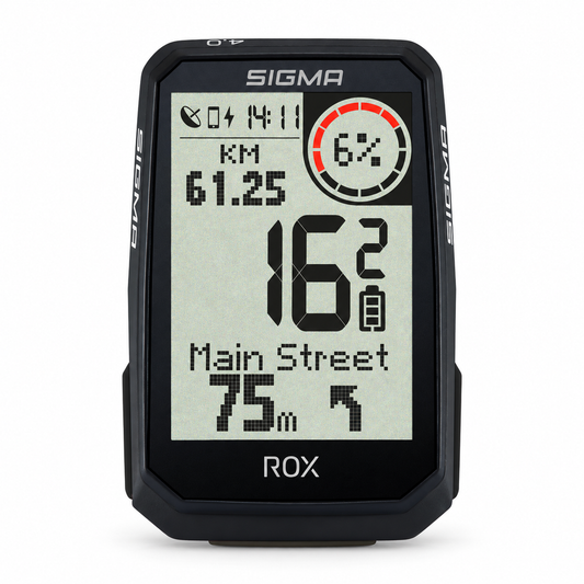 Ciclocomputador GPS SIGMA ROX 4.0 ENDURANCE preto — vista frontal sobre fundo branco
