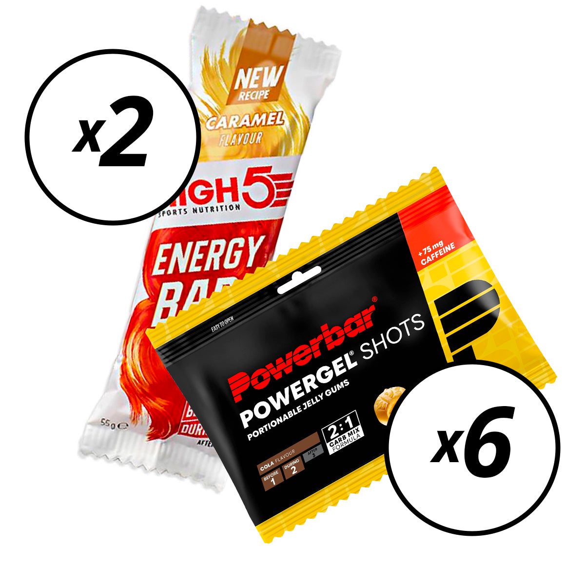 6 bombons POWERBAR POWERGEL Shots (60gr) Cola + 2 HIGH5 ENERGY BAR (55g) Caramelo