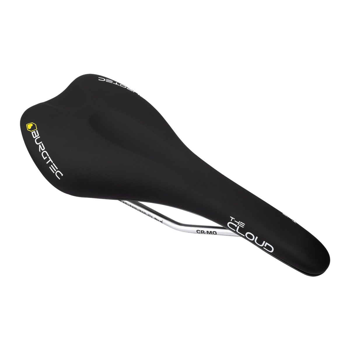 Selim BURGTEC THE CLOUD MK2 preto com carris em Cro-Mo — vista a três quartos