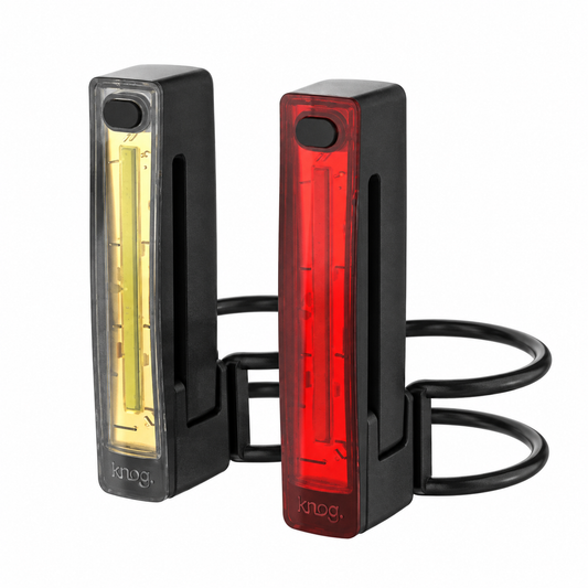 Luzes dianteira e traseira KNOG PLUS TWINPACK 40/20 lúmenes pretas — vista do produto sobre fundo branco