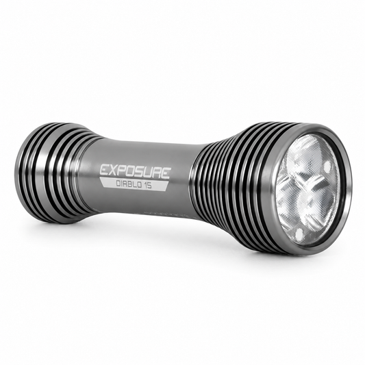 Luz dianteira EXPOSURE LIGHTS DIABLO 15 com suporte para capacete — vista do produto sobre fundo branco