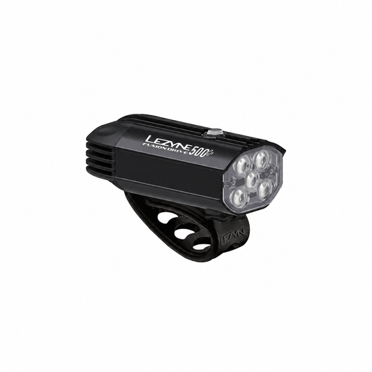 Luz dianteira LEZYNE FUSION DRIVE 500+ preta — vista do produto sobre fundo branco