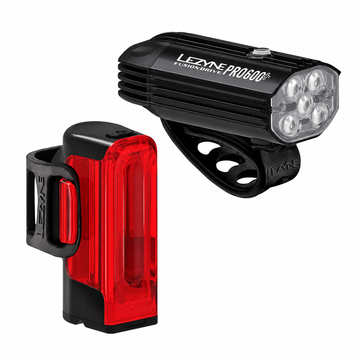 Luzes dianteira e traseira LEZYNE FUSION DRIVE PRO 600+ / STRIP DRIVE 300+ — vista do produto sobre fundo branco