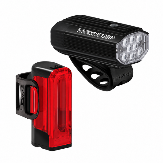 Luzes dianteira e traseira LEZYNE LITE DRIVE 1200+ / STRIP DRIVE PRO 400+ — vista do produto sobre fundo branco