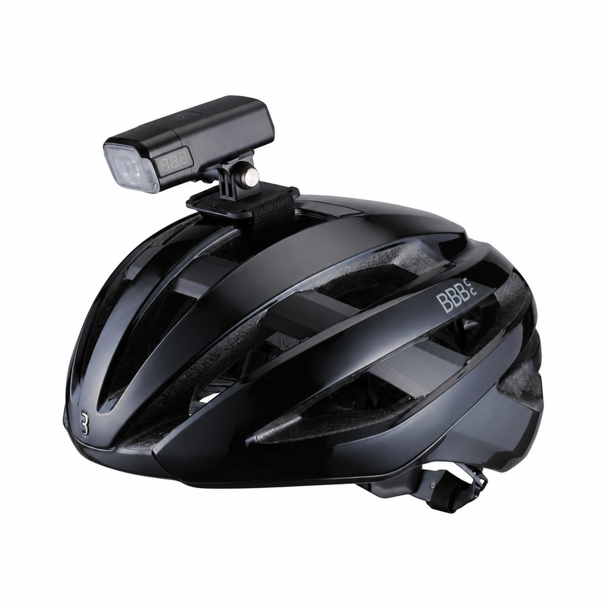 Luz dianteira para capacete BBB ADVENTURESTRIKE 600 — exemplo de montagem no capacete