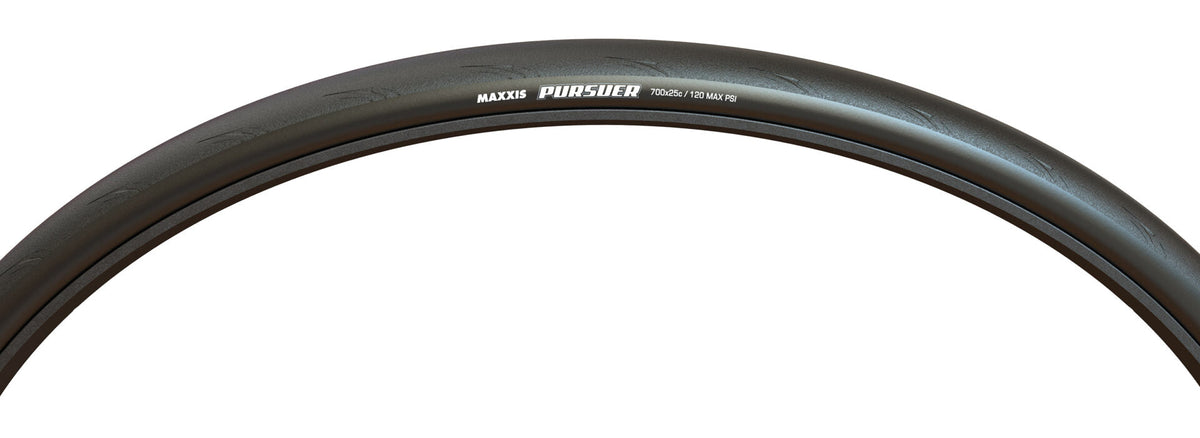 Pneu MAXXIS PURSUER preto — vista de perfil e marcações