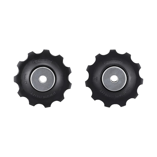 Roldanas pretas do desviador traseiro de 10 velocidades SHIMANO DEORE T6000 — peça sobre fundo branco