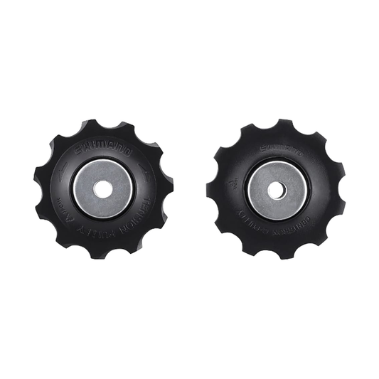 Roldanas pretas do desviador traseiro de 10 velocidades SHIMANO DEORE M6000 para caixa longa — peça sobre fundo branco