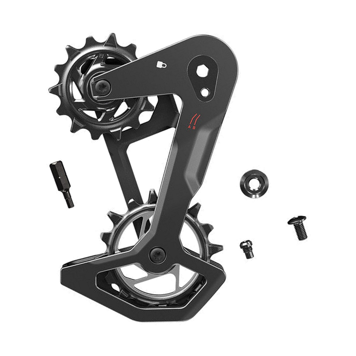 Caixa completa do desviador traseiro SRAM T-TYPE EAGLE AXS em carbono — peça sobre fundo branco