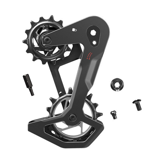 Caixa completa do desviador traseiro SRAM T-TYPE EAGLE AXS em carbono — peça sobre fundo branco