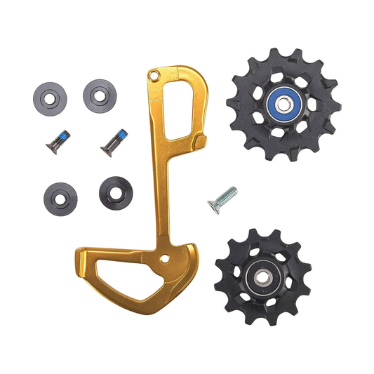 Placa interior e roldanas de 12 velocidades SRAM EAGLE XX1, douradas — peça sobre fundo branco