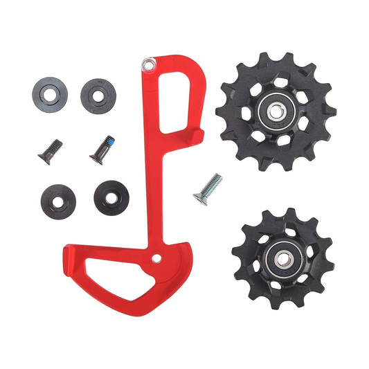 Placa interior e roldanas de 12 velocidades SRAM EAGLE X01, vermelhas — peça sobre fundo branco