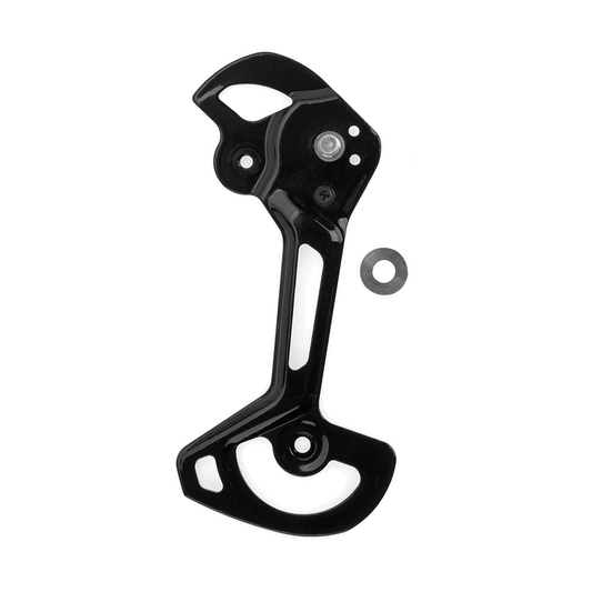 Placa exterior longa do desviador traseiro SHIMANO XTR M9120 SGS de 12 velocidades — peça sobre fundo branco