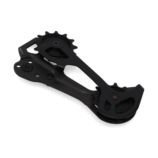 Placa e roldanas do desviador traseiro de 12 velocidades SHIMANO XTR RD-M9250 SGS — peça sobre fundo branco