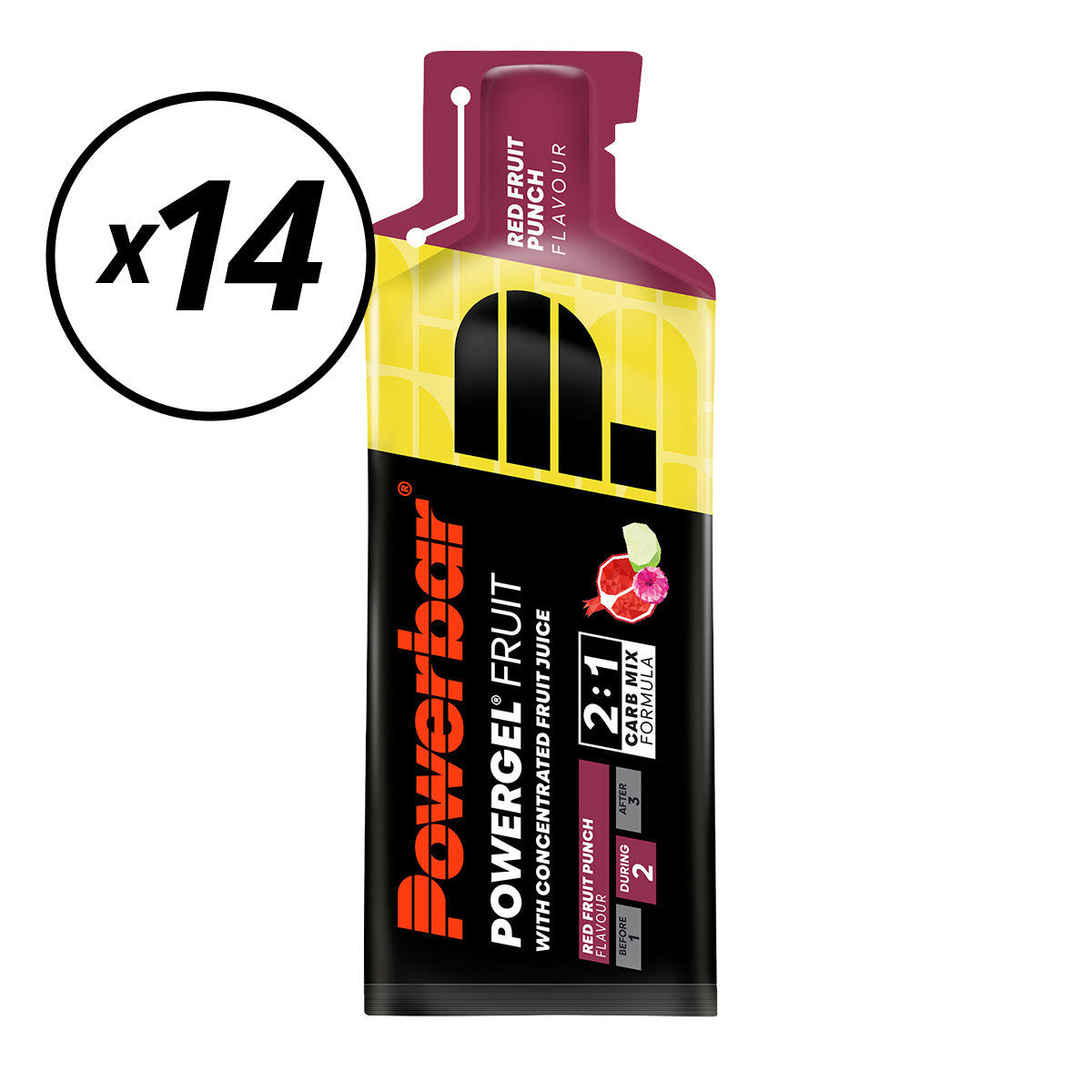 Embalagem de 14 POWERBAR POWERGEL FRUIT Energy Gels (41gr) Frutos vermelhos com prazo de validade curto