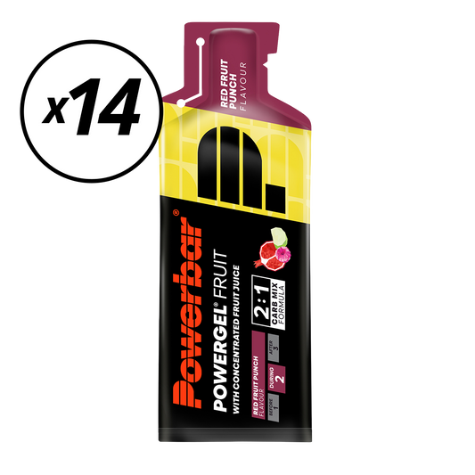 Embalagem de 14 POWERBAR POWERGEL FRUIT Energy Gels (41gr) Frutos vermelhos com prazo de validade curto