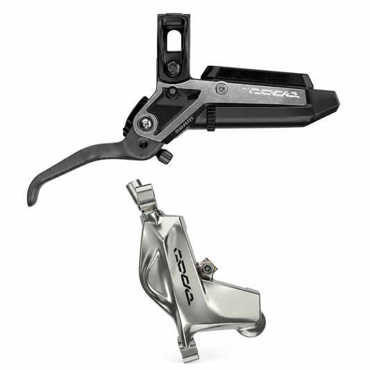 Travão SRAM CODE ULTIMATE STEALTH com pastilhas metálicas — manete e pinça sobre fundo branco