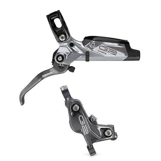 Travão SRAM G2 Ultimate A1 cinzento — manete e pinça sobre fundo branco