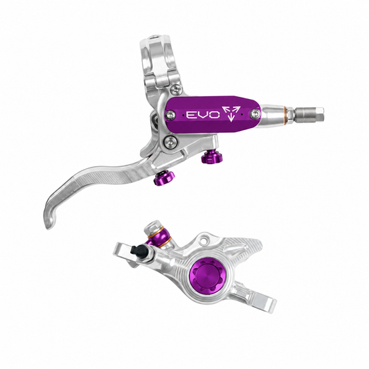 Travão HOPE TECH 4 EVO X2 PM prateado/roxo — manete e pinça sobre fundo branco
