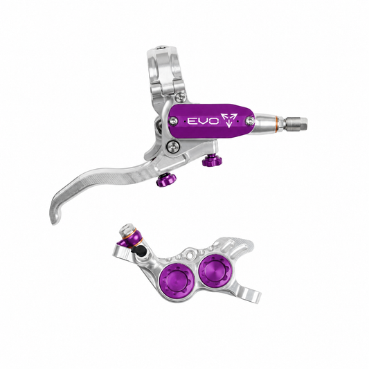 Travão HOPE TECH 4 EVO GR4 prateado/roxo — manete e pinça sobre fundo branco