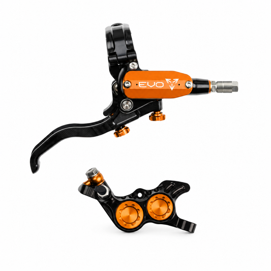 Travão HOPE TECH 4 EVO GR4 preto/laranja — manete e pinça sobre fundo branco