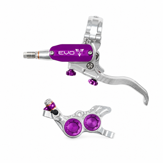 Travão HOPE TECH 4 EVO GR4 prateado/roxo — manete e pinça sobre fundo branco