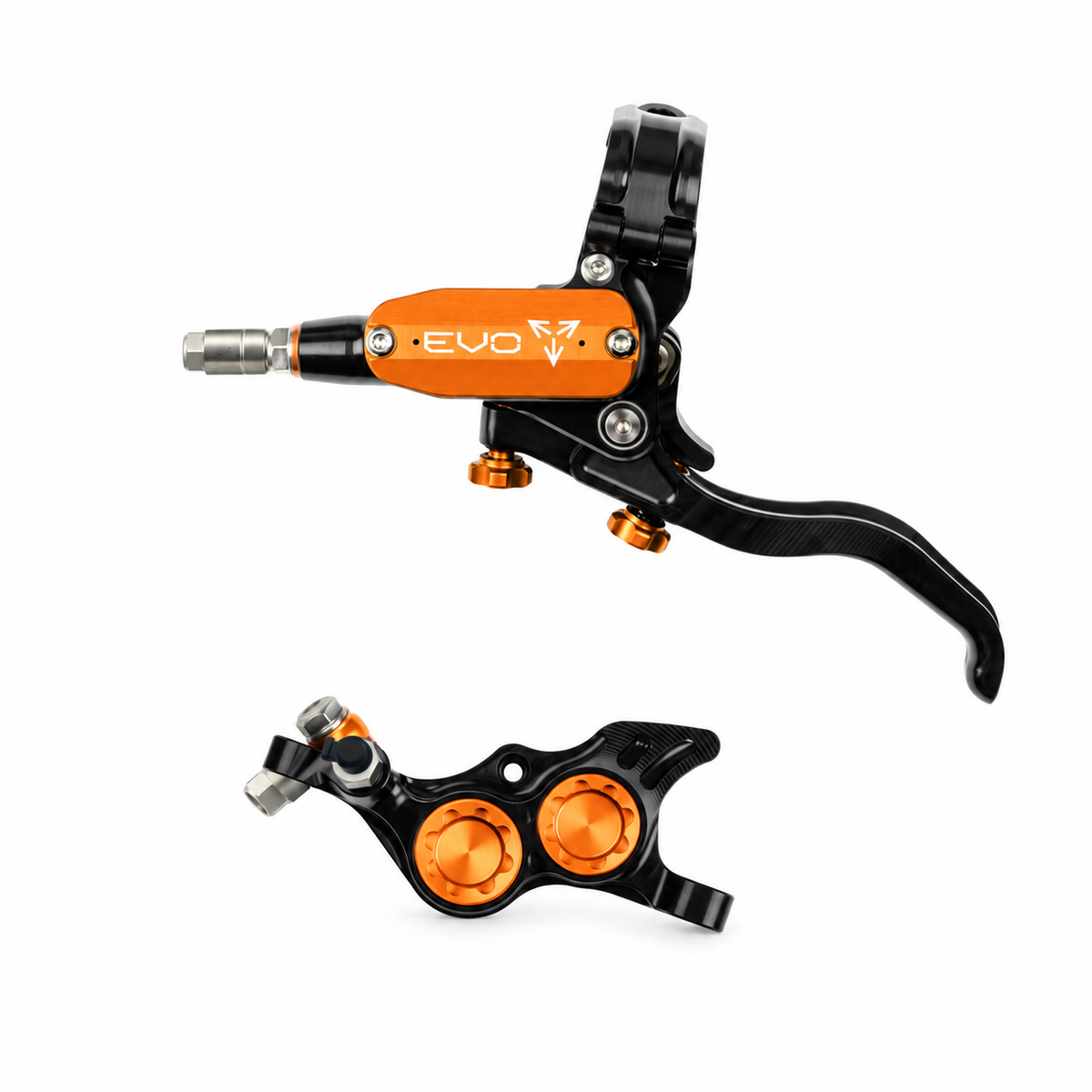 Travão HOPE TECH 4 EVO TR4 preto/laranja — manete e pinça sobre fundo branco