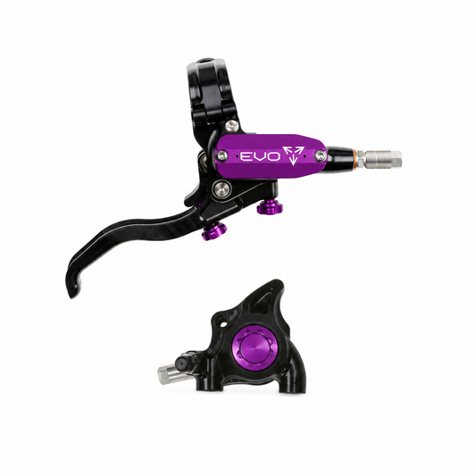 Travão HOPE TECH 4 EVO X2 FM preto/violeta — manete e pinça sobre fundo branco