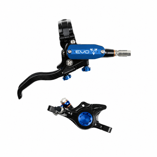 Travão HOPE TECH 4 EVO X2 PM preto/azul — manete e pinça sobre fundo branco