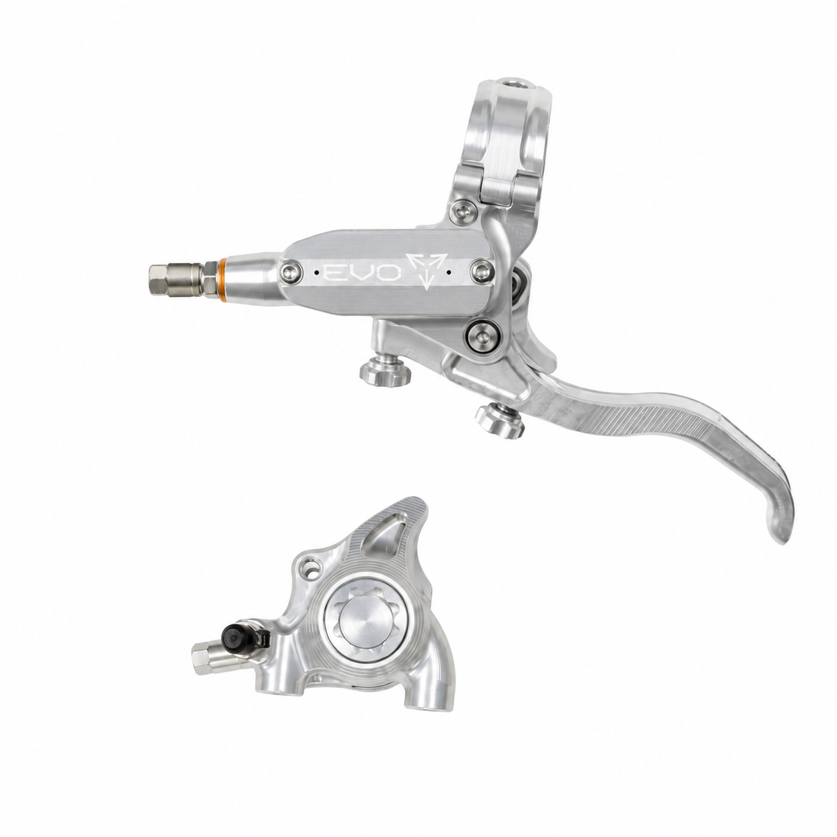 Travão HOPE TECH 4 EVO X2 FM prateado/prateado — manete e pinça sobre fundo branco