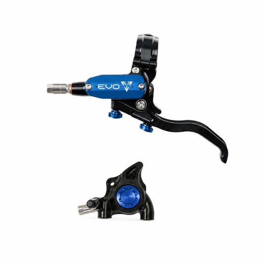 Travão HOPE TECH 4 EVO X2 FM preto/azul — manete e pinça sobre fundo branco